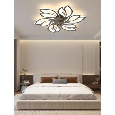 Imagem de Ventilador de teto com luminária LED moderna, silencioso e criativo, em formato de flor, com controle remoto, intensidade de luz ajustável e 6 velocidades, ideal para quarto e sala de estar