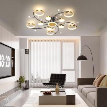 Imagem de Luminária de teto de cristal LED com dimerização infinita, grande, em metal e com cúpula de acrílico. Lustre de cristal com dimerização infinita de 3000k a 6000k para sala de estar, sala de