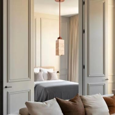 Imagem de Luminária pendente LED Wabi Sabi em pedra calcária, altura ajustável, design minimalista orgânico para restaurantes, ideal para quartos e salas de estar (uma lâmpada).