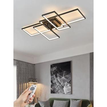 Imagem de Luminária de teto moderna com LED dimerizável, embutida e com controle remoto. Lustre quadrado em acrílico para quarto, cozinha, sala de estar e escritório (preto, 80 cm).