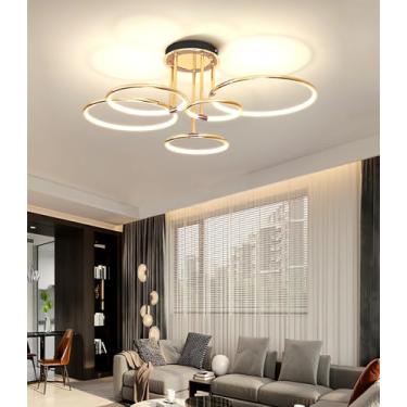 Imagem de Luminária de teto LED dourada com 5 lâmpadas, dimerizável, moderna, para sala de estar, quarto, corredor, escritório e sala de jantar (dourada, 5 anéis).