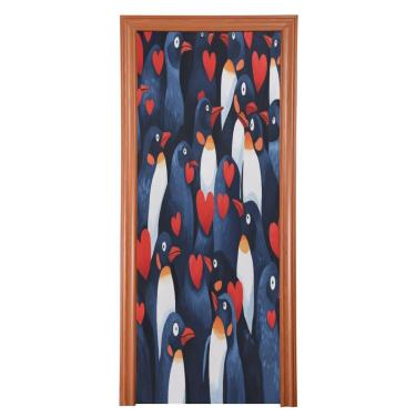 Imagem de ATTX Capa para porta da frente dos pinguins dos namorados - decoração de férias de tecido elástico lavável para festas, casa, decoração de porta da frente, 36 x 98 polegadas (730)