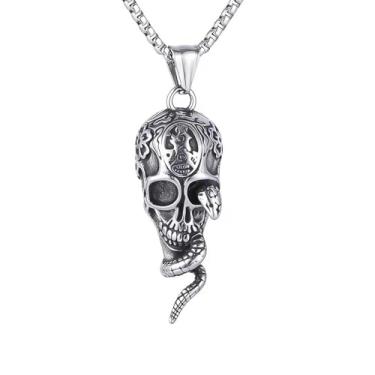 Imagem de Colar masculino vintage gótico punk hip hop rock crânio animal cobra, aço inoxidável 316L, corrente quadrada de pérola de aço inoxidável prata, joia retrô para presente