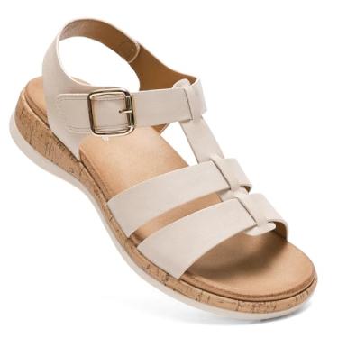 Imagem de Littleplum Sandálias femininas planas com suporte de arco e bico aberto, sandálias gladiadoras, confortáveis, para caminhada, verão, para praia, viagem, casual, elegante, Damasco, 39