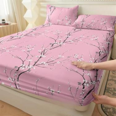 Imagem de Jogo de Lençol Listras Preto e Branco 3 Peças Percal Estampado Solteiro/Casal/Queen(Cerejeira,Casal 03 Peças)