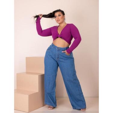 Imagem de Calça Jeans Feminina Wideleg Plus Size Cintura Alta 