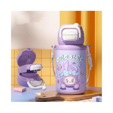 Imagem de Garrafa de Água Infantil Térmica 500ml com Canudo Antivazamento – Squeeze Escolar para Crianças, Tampa Segura, Livre de BPA (ROXO)