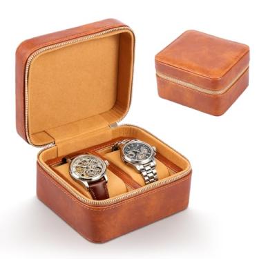 Imagem de Estojo de viagem para relógio com 2 compartimentos para homens e mulheres, caixa protetora compacta de couro PU com interior de microvelour, travesseiros removíveis e divisórias sólidas para