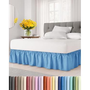 Imagem de Saia para cama de solteiro azul jeans com babados – Babados de qualidade de hotel para camas de solteiro com caimento de 45,72 cm – saia de cama elástica com babado para facilitar o ajuste com tecido escovado da CGK Unlimited
