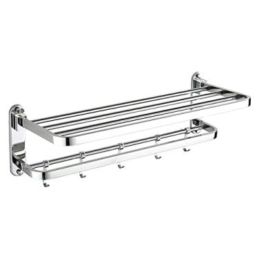 Imagem de 3FLQOOPP Toalheiro de banheiro com barra de toalha dupla e 5 ganchos prateleira de toalha de hotel de 58 cm de aço inoxidável moderno suporte de parede