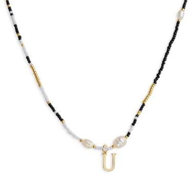 Imagem de Agriajun Gargantilha com inicial de pérolas douradas e pretas e brancas para mulheres e adolescentes, boêmio feito à mão, contas de sementes personalizadas, nome da letra, pequeno colar, praia,