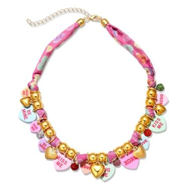 Imagem de ARATLENCH Colar de cachecol para o Dia dos Namorados, colorido, doces, conversa, coração, strass, joias, berloque, bandana, para mulheres, tecido boho, gargantilha, cachecol, aniversário, Dia dos