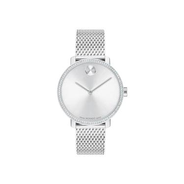 Imagem de Movado Relógio feminino Bold Shimmer - Movimento de quartzo suíço, bisel de cristal brilhante, pulseira de malha - Resistência à água de 3 ATM - Relógio moderno de luxo para ela - 34 mm, Prata