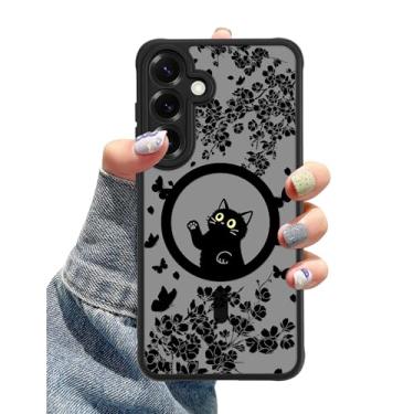 Imagem de Aitipy Capa para celular compatível com MagSafe para Samsung Galaxy S25 Plus, linda capa de telefone preta com design magnético de flor de gato preto, capa protetora de TPU macio para mulheres e