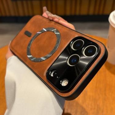 Imagem de Capa de couro texturizado de luxo para iPhone 17 Air 16 16e 15 14 13 11 12 Pro Max Plus com carregamento sem fio e proteção contra impactos (para iPhone 15 Pro/Marrom)