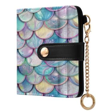 Imagem de STAYTOP Linda carteira feminina colorida com escamas de sereia com bloqueio de RFID, de couro macio, dobrável e compacta, porta-cartões com zíper, bolso para moedas, janela para identidade
