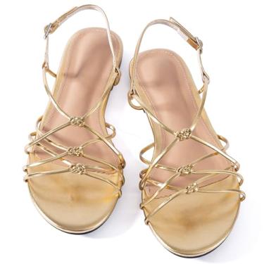 Imagem de Mtzyoa Sandálias femininas rasteiras com tiras, couro sintético trançado, bico aberto, bege, estilo casual de praia, Dourado, 40