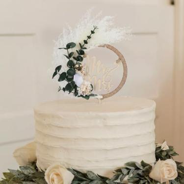 Imagem de Fiwochic Topo de bolo de casamento com folhas de eucalipto Western Mr. and Mrs Topper de bolo de casamento decoração de madeira boho natural com grama de pampa para suprimentos de outono e outono