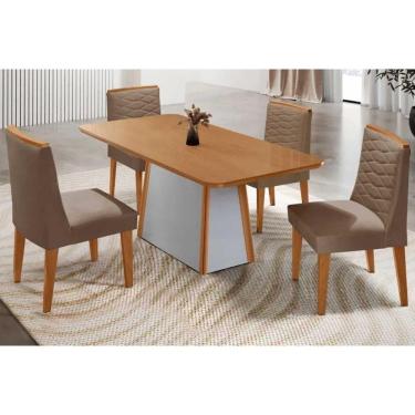 Imagem de Conjunto Sala de Jantar Tilia c/ Tampo Madeirado Canto Curvo 120x80cm e 4 Cadeiras Maldivas Madeira Maciça Naturale/Off White - Capuccino/Suede Capucc