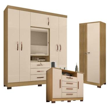 Imagem de Guarda Roupa Casal Imperial E Cômoda Madri Com Armário Multiuso Versatile Carvalho Americano Off White – Incorplac