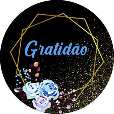 Imagem de Painel de Lona Redondo Gratidão Flores Azuis e Formas Geométricas - Fa