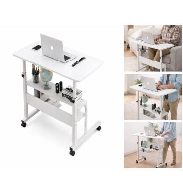 Imagem de Mesa Notebook Multiuso Altura Ajustavel 2 Prateleiras Escrivaninha Home Office Cama Rodinhas Branca