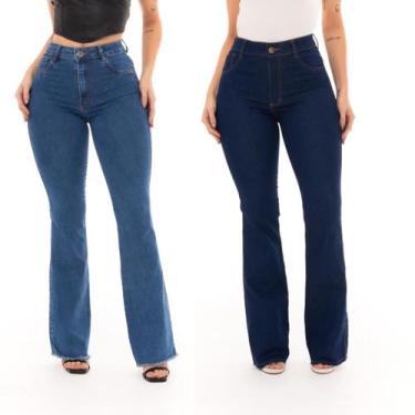 Imagem de Calça Flare Feminina Barra Desfiada Cintura Alta Modela Bumbum Clara e