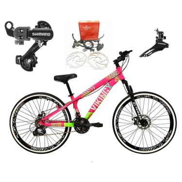 Imagem de Bicicleta Aro 26 Vikingx Tuff  21v Alumínio Câmbios Shimano Freio a Disco Hidráulicos Aros Vmaxx Pretos - Rosa/Verde