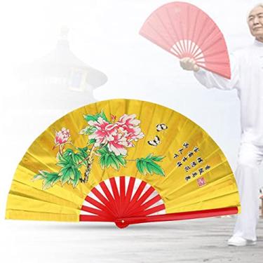 Imagem de Leque de Mão Dobrável,Leque de Tai Chi, Artes Marciais de Tai Chi Kung Fu Leque de Seda de Bambu Mão Direita Treinamento de Prática de Dança Wushu, para Performance de Homens e Mulheres, Dança(Gold)