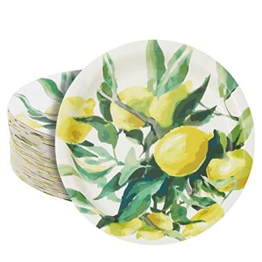 Imagem de BLUE PANDA Pacote com 80 pratos de papel descartáveis Lemon Farmhouse – Placas verdes foscas pesadas redondas de 22 cm – Estrutura resistente de 350 g/m² – Tema cítrico vibrante para festas e