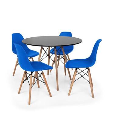 Imagem de Kit Mesa Jantar Eiffel 90cm Preta + 4 Cadeiras Charles Eames - Azul -