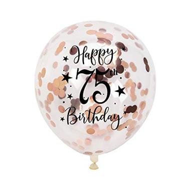 Imagem de Balões de látex de confete de ouro rosa 75 anos, decoração de balão de festa de aniversário feliz 75 anos com confetes, 30 cm, pacote com 16