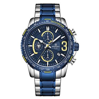 Imagem de Relógio de pulso analógico masculino de quartzo para trabalho de negócios com cronômetro de calendário de aço inoxidável luminoso para coleção, Azul