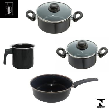 Imagem de Conjunto Panelas Preta Indução Cooktop Elétrico á gás 4 pçs