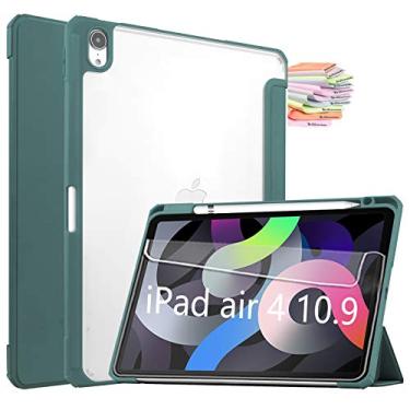 Imagem de Capa Billionn para iPad Air 4ª geração + protetor de tela, capa dobrável em três partes para iPad Air 4 10,9 polegadas 2020 Auto hibernar/despertar, capa traseira transparente, verde escuro