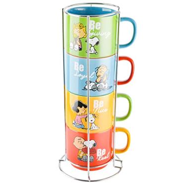 Imagem de Peanuts Snoopy Gentle Reminders Canecas empilháveis de 425 g com suporte de metal, grés, pacote com 4, cores sortidas