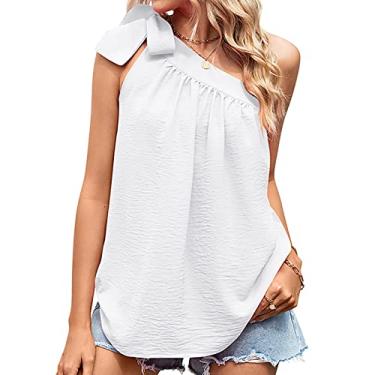 Imagem de Camiseta feminina sem mangas, um ombro com laço e laço top colete ombro de fora camisas casuais streetwear, branca, G (busto: 101 cm)