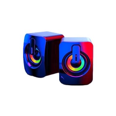 Imagem de Mini caixas de som stereo com leds coloridos tipo RGB, A2 active desktop speakers 2.0, preto, compatível com transmissão por fios e com 90 dias de garantia de fabricação.