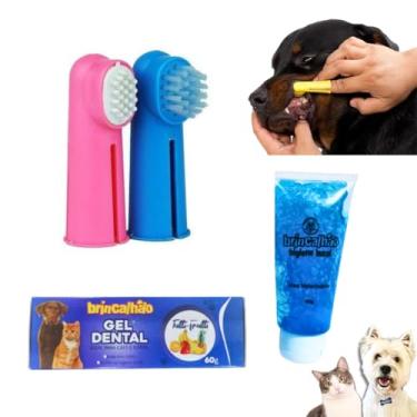 Imagem de Escova de Dente para Pet Dedeiras + Gel Dental Kit Higiene Bucal Cachorro