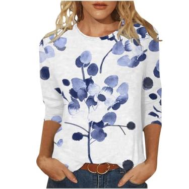 Imagem de Blusa feminina de manga 3/4 para sair com estampa de flores, camisetas soltas, gola redonda, confortável, leve, Azul-celeste, G