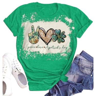 Imagem de Camiseta feminina Dia de São Patrício com estampa de coração de trevo camiseta Peace Love St Patty's Day Camisetas irlandesas, Verde (Bleach-green), GG