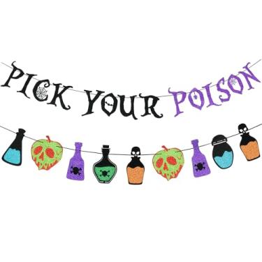 Imagem de Banner preto e roxo com glitter Pick Your Veneno Potion Bar, faixa de festa de Halloween para mansão assombrada, decoração de casa Halloween Hocus Pocus