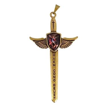 Imagem de Pingente de espada de São Miguel | 7,6 cm de altura | Quem Como Deus | Santo Padroeiro da Polícia e Soldados | Ótimo presente católico para a primeira comunhão e confirmação, Metal, Sem Pedra Preciosa