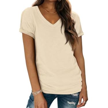 Imagem de ATHMILE Camisetas de manga curta com gola V para mulheres, blusas modernas, leves, macias, casuais, roupas de verão 2024, Creme, GG
