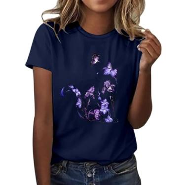 Imagem de Camiseta feminina de verão, estampa floral, manga curta, caimento solto, gola redonda, casual, moderna, túnica, Azul marino, G