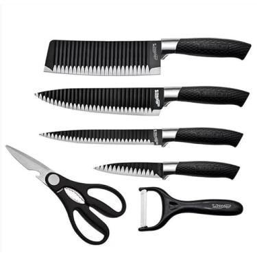 Imagem de Conjunto Jogo Facas Do Chef Profissional 6 Peças Churrasco Cozinha Peças Aço Inox Super Afiadas Cor Preto Premium