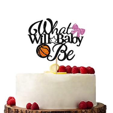 Imagem de Topo de bolo What Will Baby Be rosa e laranja, topo de bolo de basquete com laços, decorações de bolo de glitter para chá de bebê revelação de gênero/festa de 1º aniversário
