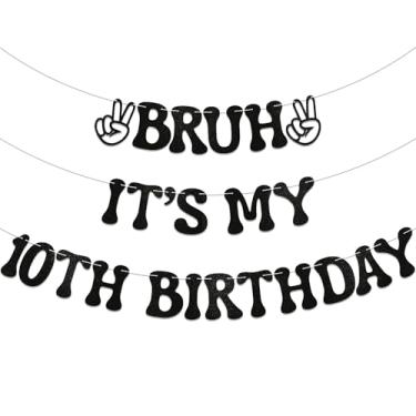 Imagem de Bruh Faixa It's My 10th Birthday - Decoração de festa de aniversário para meninos, placa de festa de menino adolescente, bandeira engraçada de 10º aniversário Bruh com glitter preto