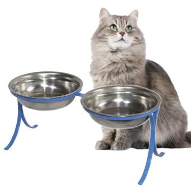 Imagem de Comedouro Ferro e Inox Alto Pet para Gatos Duplo Ração Agua Sachê (Azul)