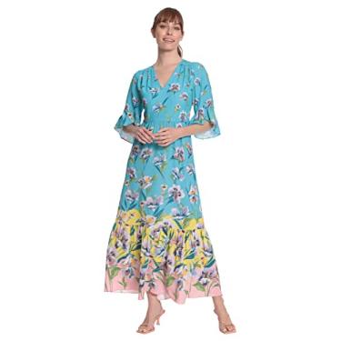 Imagem de London Times Maxi feminino estampado floral decote em V em camadas com mangas de cotovelo e bainha de borda, Branco macio/azul-piscina, 40